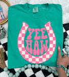 Yee Haw Pink Checkered Horse Shoe Tee